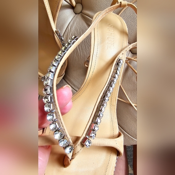 SCHUTZ Vikki Crystal Nude Beige Leather Sandals Strap Heels Prom Rhinestones 8.5 - Picture 8 of 8